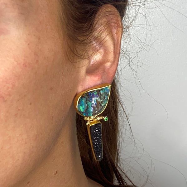 Jennifer Kalled Studio Modernist Drop Clip Earrings In 18Kt Gold With Opals Tsavorite & Druzy