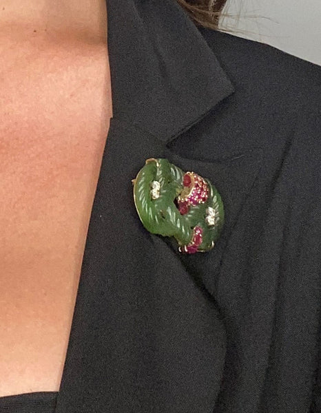Seaman Schepps 1950 Brooch In 14Kt With Nephrite And 4.20 Ctw In Diamonds And Rubies