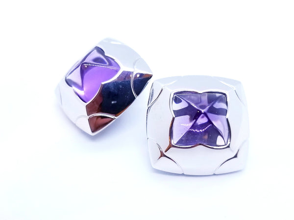 BVLGARI BULGARI 18KT WHITE GOLD PYRAMID EARRINGS WITH CARVED AMETHYST
