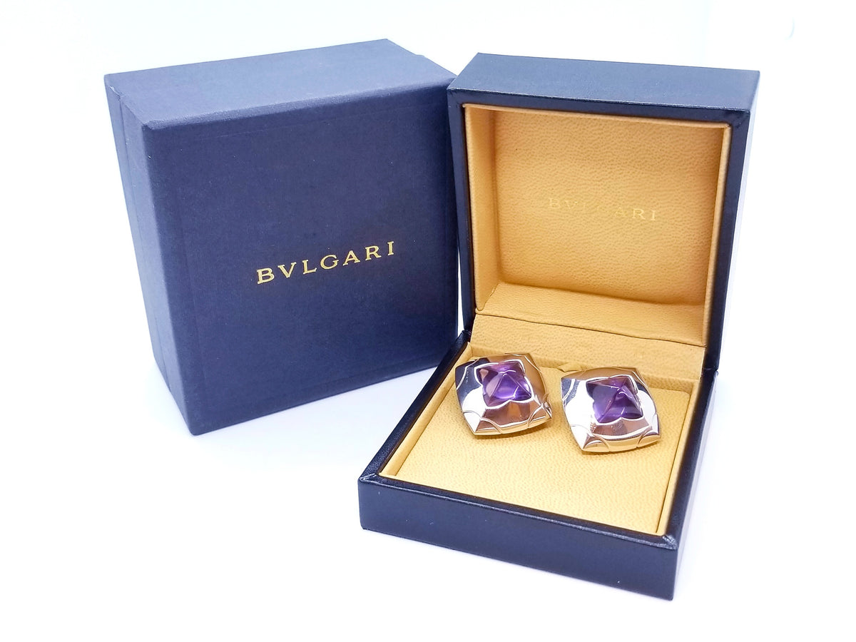 BVLGARI BULGARI 18KT WHITE GOLD PYRAMID EARRINGS WITH CARVED AMETHYST