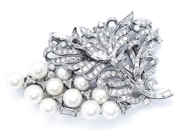 IMPORTANT 1950 PLATINUM 10.19 Ct DIAMONDS & PEARLS BROOCH