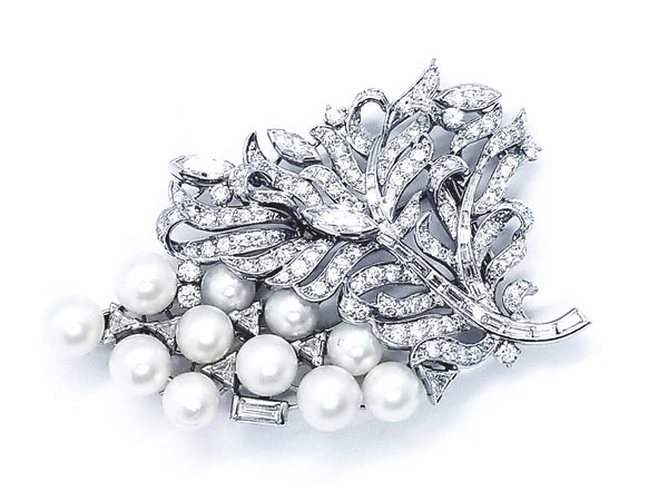 IMPORTANT 1950 PLATINUM 10.19 Ct DIAMONDS & PEARLS BROOCH