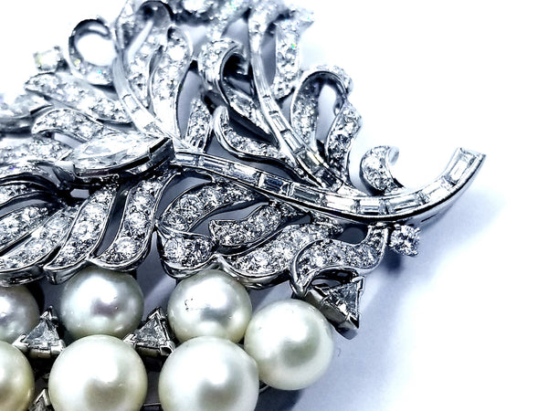 IMPORTANT 1950 PLATINUM 10.19 Ct DIAMONDS & PEARLS BROOCH