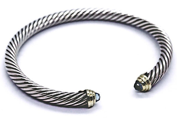 DAVID YURMAN 14 KT GOLD & STERLING SILVER 5 MM BANGLE WITH BLUE TOPAZ UNISEX
