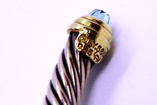 DAVID YURMAN 14 KT GOLD & STERLING SILVER 5 MM BANGLE WITH BLUE TOPAZ UNISEX