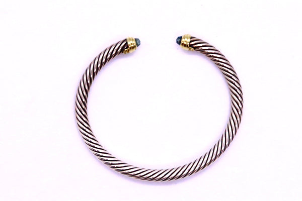 DAVID YURMAN 14 KT GOLD & STERLING SILVER 5 MM BANGLE WITH BLUE TOPAZ UNISEX