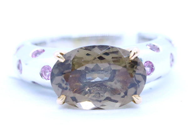 LUCA CARATI 18 KT GOLD SMOKE TOPAZ AND PINK SAPPHIRE RING