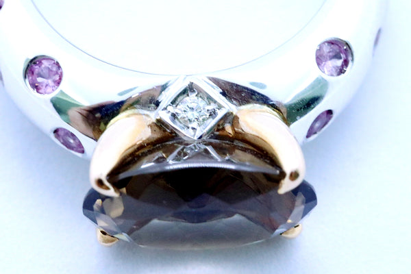 LUCA CARATI 18 KT GOLD SMOKE TOPAZ AND PINK SAPPHIRE RING