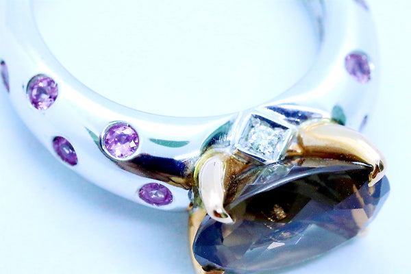 LUCA CARATI 18 KT GOLD SMOKE TOPAZ AND PINK SAPPHIRE RING