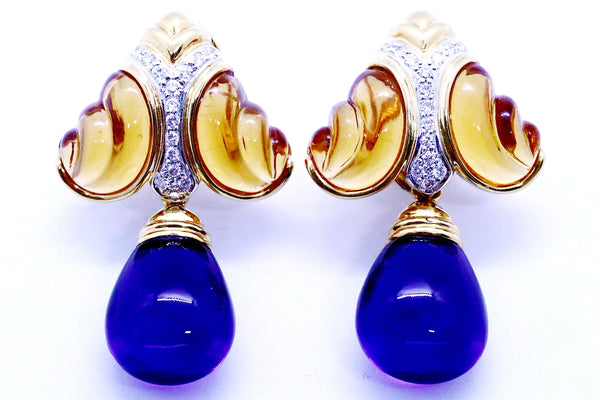 AMETHYST BRIOLETTE & CARVE CITRINE 18 KT DIAMONDS DAY & NIGHT EARRINGS