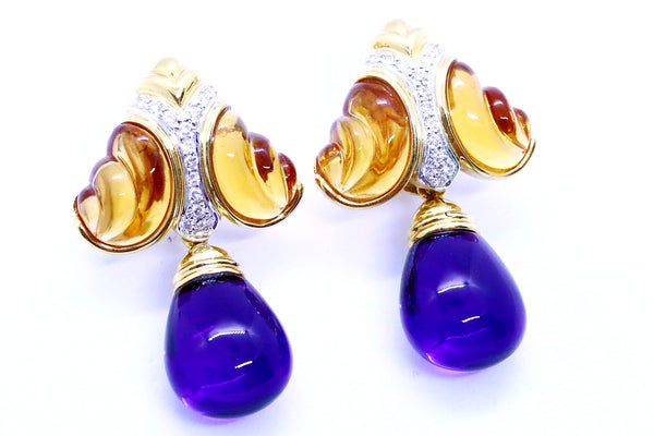 AMETHYST BRIOLETTE & CARVE CITRINE 18 KT DIAMONDS DAY & NIGHT EARRINGS
