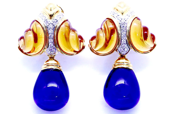 AMETHYST BRIOLETTE & CARVE CITRINE 18 KT DIAMONDS DAY & NIGHT EARRINGS