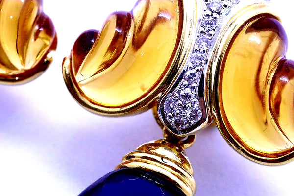 AMETHYST BRIOLETTE & CARVE CITRINE 18 KT DIAMONDS DAY & NIGHT EARRINGS