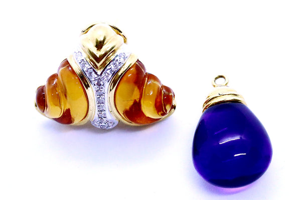 AMETHYST BRIOLETTE & CARVE CITRINE 18 KT DIAMONDS DAY & NIGHT EARRINGS