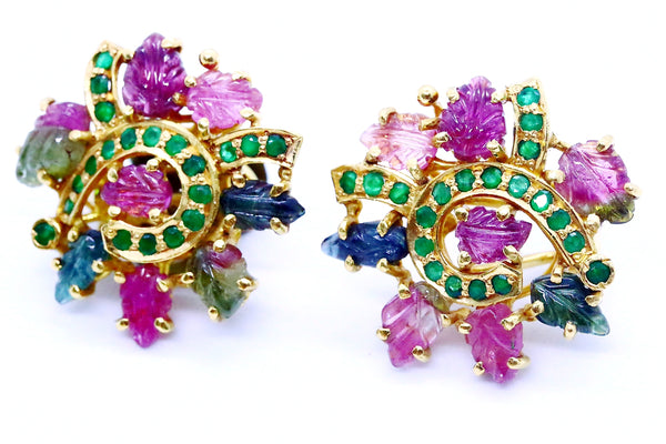 RARE 22 KT EARRINGS WITH 41.60 Ctw TOURMALINE CARVINGS & EMERALDS