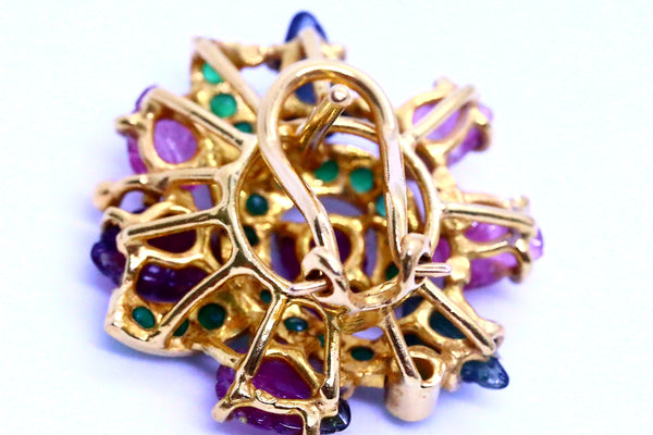 RARE 22 KT EARRINGS WITH 41.60 Ctw TOURMALINE CARVINGS & EMERALDS