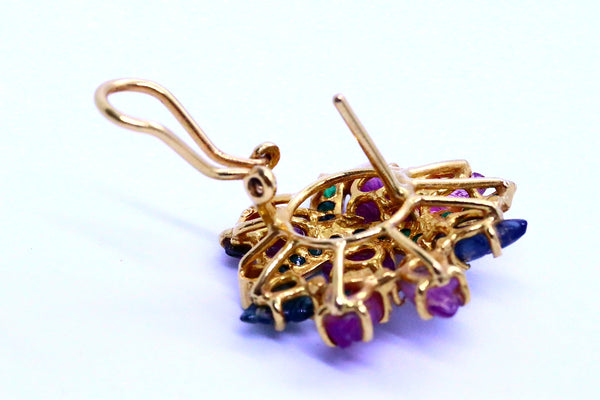 RARE 22 KT EARRINGS WITH 41.60 Ctw TOURMALINE CARVINGS & EMERALDS