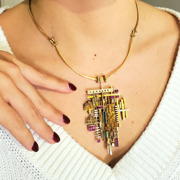ARNALDO POMODORO 1963 Milan Geometric Sculptural Necklace In 18Kt Gold With Gemstones