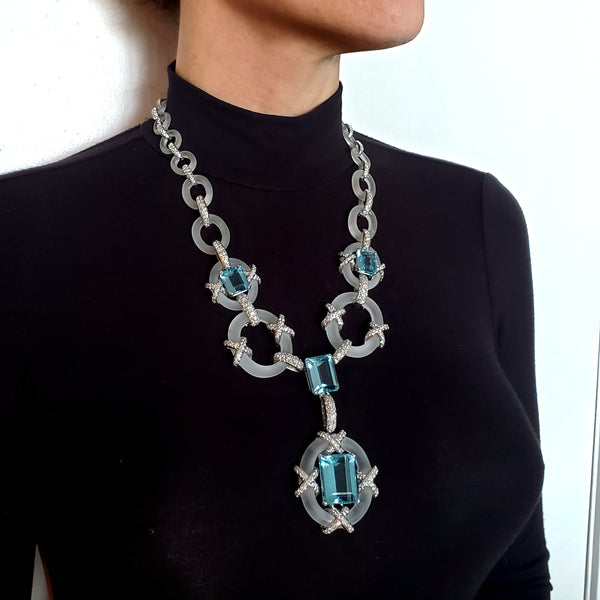 Kutchinsky London 1970 Convertible Collar In Platinum With 154.2 Cts In Diamonds Aquamarines & Rock Quartz