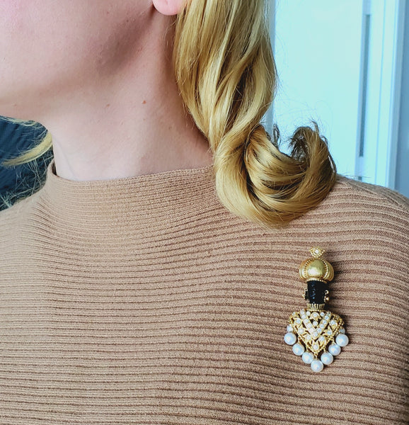 Nubian Prince Gem Set Brooch Pendant In 18Kt Gold With 2.76 Ctw In Diamonds And Pearls