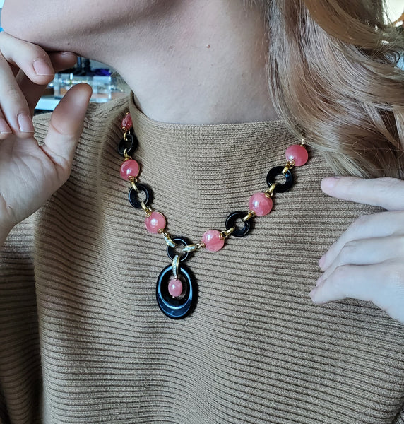 European 1970 Modernist Necklace In 18Kt Gold With 176.25 Ctw In Rhodochrosite And Diamonds