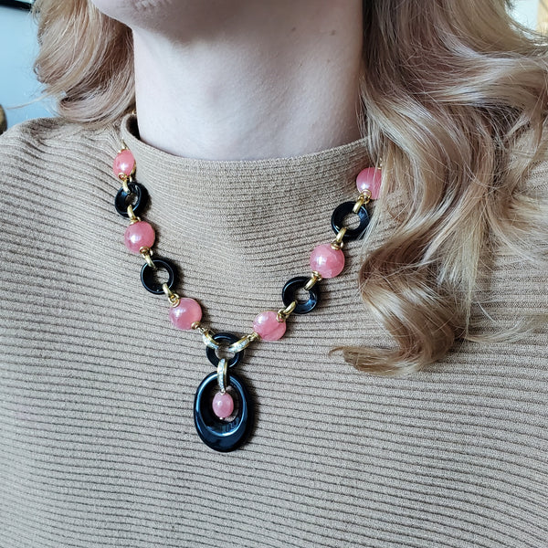 European 1970 Modernist Necklace In 18Kt Gold With 176.25 Ctw In Rhodochrosite And Diamonds