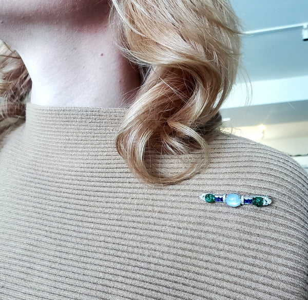 Wedderien 1928 Art Deco Carved Jade Clip In Platinum With 12.51 Cts In Diamonds And Sapphires