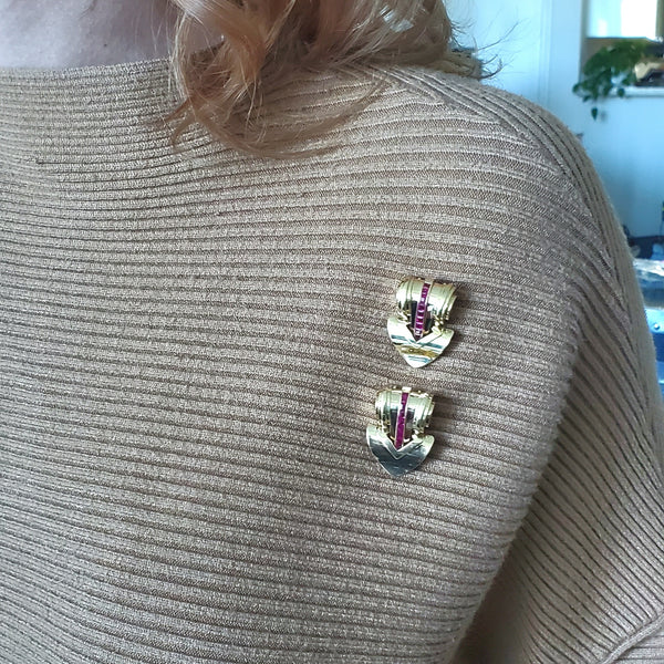 Tiffany And Co. 1940 Art Deco Retro Dress Clips In 14Kt Yellow Gold With 2.70 Cts Rubies