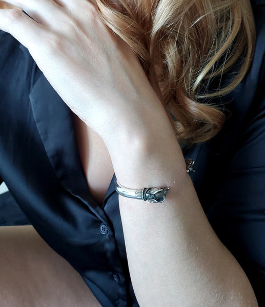 -French Etruscan Revival Rams Bracelet Cuff In Solid .925 Sterling Silver