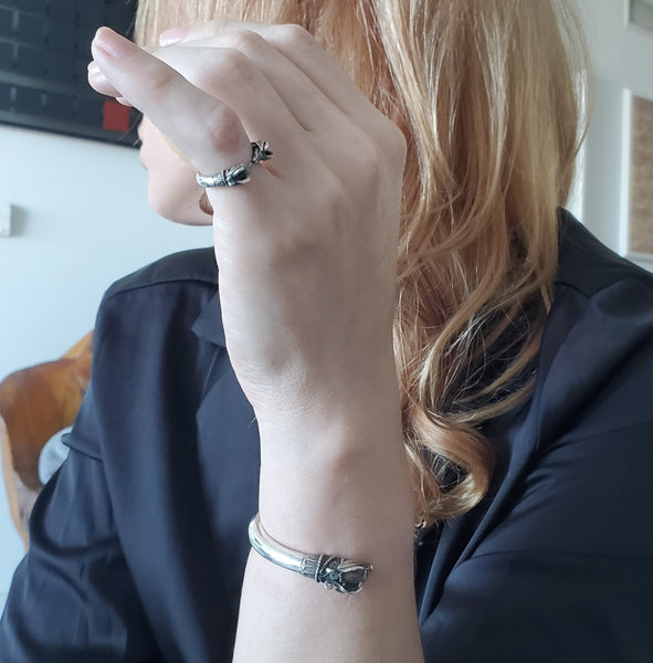 -French Etruscan Revival Rams Bracelet Cuff In Solid .925 Sterling Silver