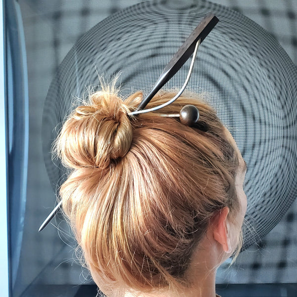 Thomas Gentille 1970 Sculptural Hair Pin In Polychrome Sterling And Ebony Wood