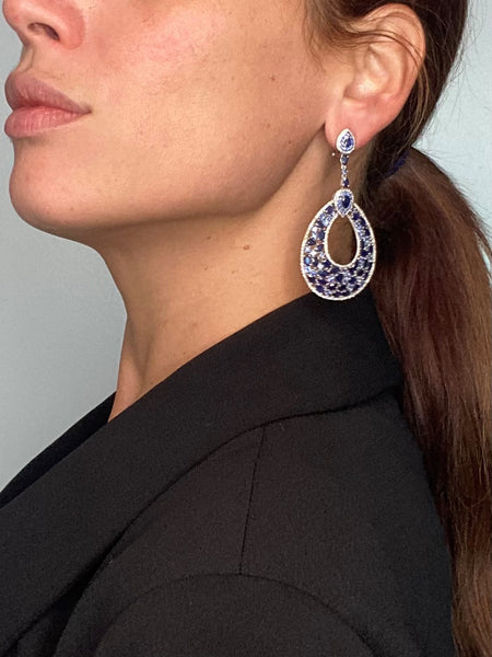 Gem Set Cocktail Dangle Earrings In 18Kt Gold With 23.20 Cts In Sapphires And Diamonds