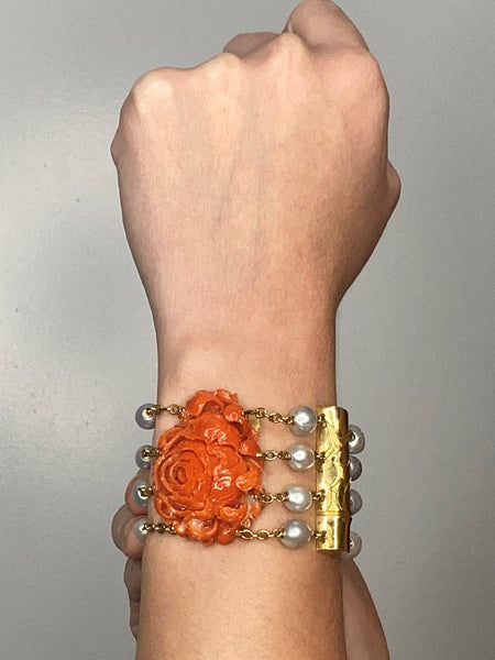 Seaman Schepps 1970 New York Rare Bracelet In 18Kt Gold With Red Coral And Pearls