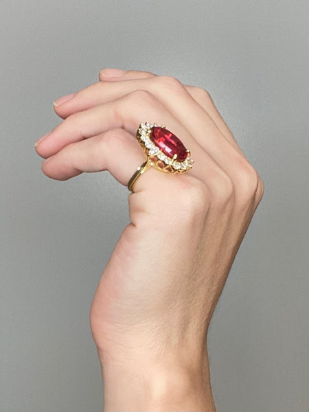 Gia Certified Cocktail Ring in 18Kt Gold With 14.80 Ctw Diamonds & Rubellite Tourmaline