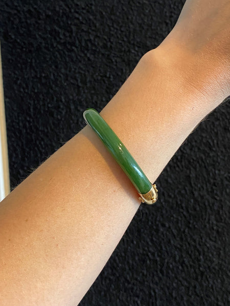 Gumps San Francisco Nephrite Green Jade Bangle Bracelet Mounted In 14Kt Yellow Gold