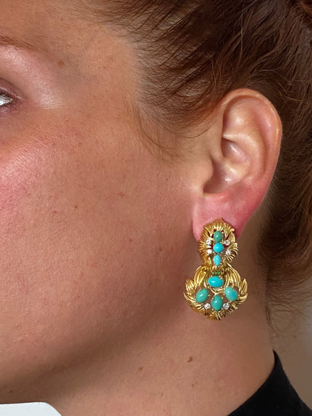 Mid Century 1960 Drop Earrings In 18Kt Gold With 7.89 Ctw In Turquoises & Diamonds