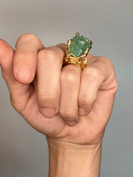 Eric de Kolb 1960 Rare Statement Ring In 18Kt Yellow Gold With 28.53 Cts Carved Colombian Emerald