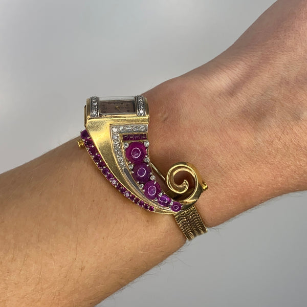 Art Deco 1940 Brooch Wristwatch In 18Kt Gold Gia Certified 9.87 Ctw Diamonds Star Rubies