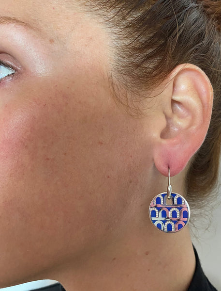 Davidor Paris Le Arc Colonnato Blue Enamel Dangle Earrings In 18Kt Gold With VVS Diamonds