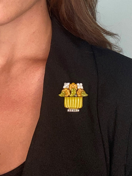 French-Austrian 1920 Art Deco Jardiniere Pendant Brooch With Carved Agates & Diamonds