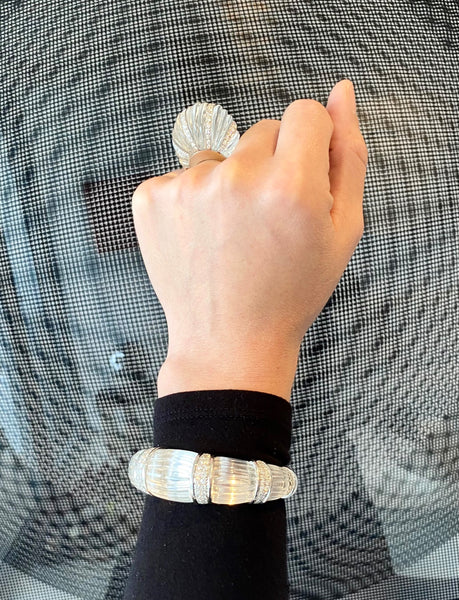DAVID WEBB New York 1970 Bombe Rock Quartz Bracelet Cuff In Platinum With 5.28 Cts Diamonds