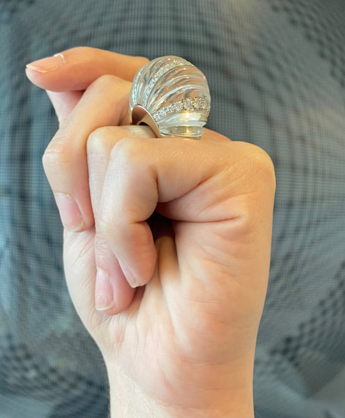 David Webb New York Bombe Rock Quartz Cocktail Ring In Platinum With 3.92 Cts Diamonds