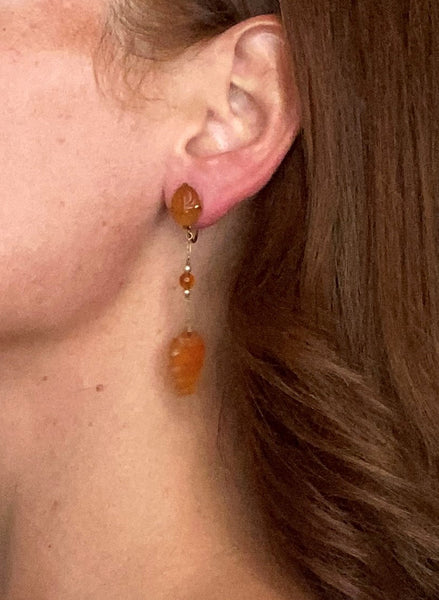 Art Deco 1920 British Drop Earrings In 18Kt Yellow Gold With Carved Carnelian And Pearls