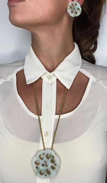 Angela Cummings Studios 1983 Organic Lotus Pendant Brooch In 18Kt Gold With Nephrite Jade