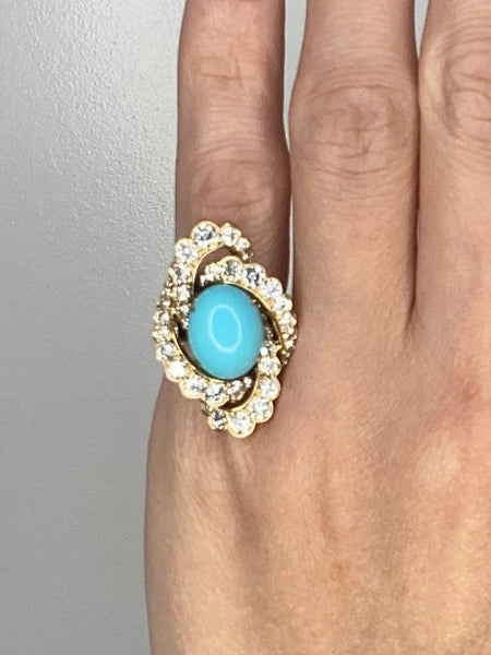 Fred of Paris 1970 Gem Set Cocktail Ring In 18Kt Gold With 12.34 Ctw Of Diamonds & Turquoise