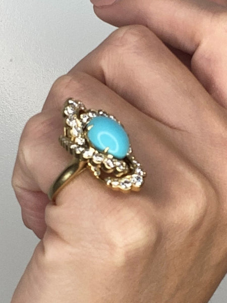 Fred of Paris 1970 Gem Set Cocktail Ring In 18Kt Gold With 12.34 Ctw Of Diamonds & Turquoise