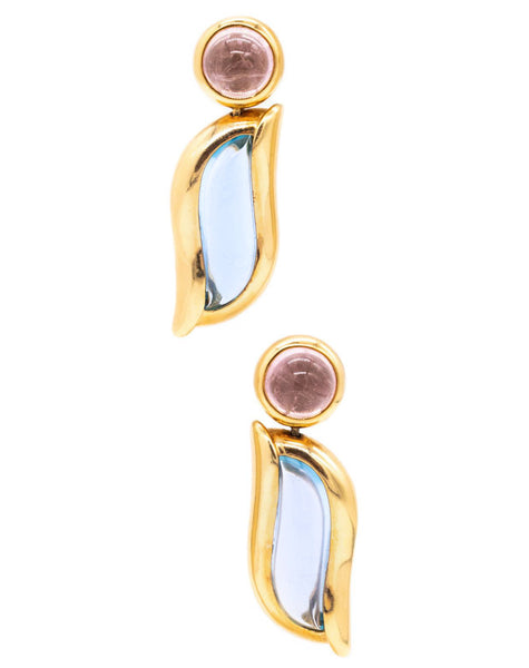 SeidenGang Long Earrings In 18Kt Yellow Gold With 28.18 cts Aquamarine & Pink Tourmaline