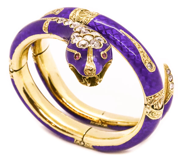 BRITISH VICTORIAN 10.94 CARATS DIAMONDS 18 KT GOLD SNAKE BLUE ENAMEL BRACELET
