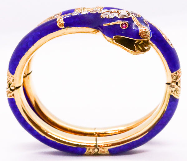 BRITISH VICTORIAN 10.94 CARATS DIAMONDS 18 KT GOLD SNAKE BLUE ENAMEL BRACELET