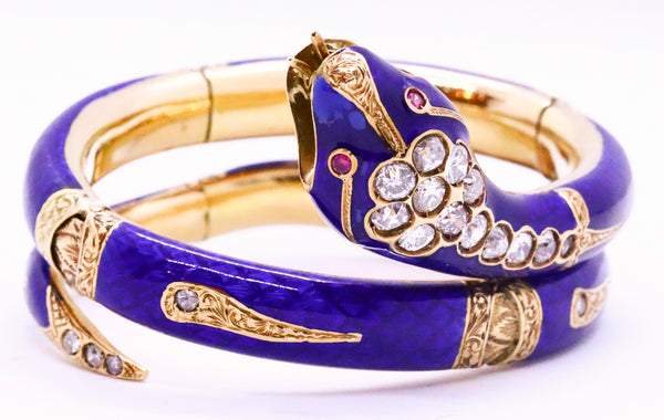 BRITISH VICTORIAN 10.94 CARATS DIAMONDS 18 KT GOLD SNAKE BLUE ENAMEL BRACELET